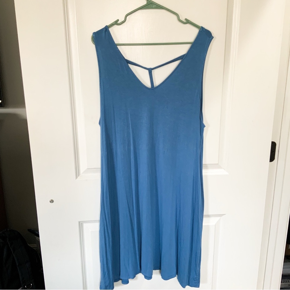Blue Rayon/ Spandex Racerback Flowy Summer Dress With Pockets